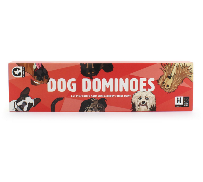 Long rectangle box of dog dominoes. A classy family game with a quirky canine twist.