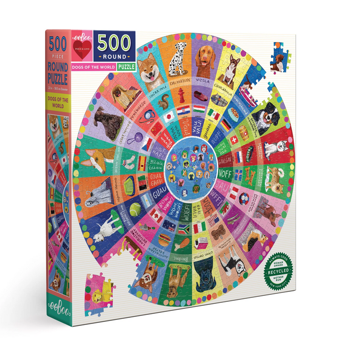 Dogs of the World 500-piece round jigsaw puzzle box.  Twenty different dog breeds from all over the globe are featured in this family puzzle. Each breed has its own color sliver that provides the name of the breed, the flag of its native country, how you say “woof” or “ guau” in that country’s language.