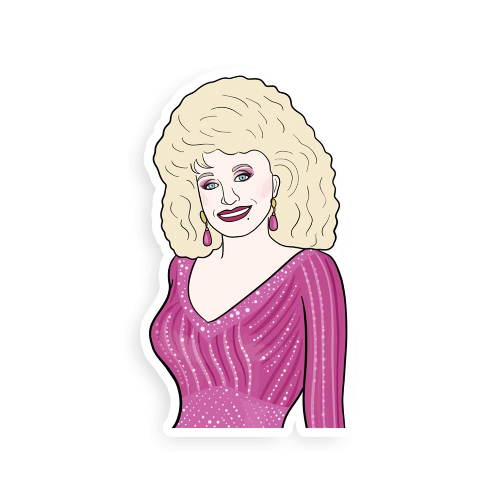 Sticker of Dolly Parton in a pink sparkly dress.