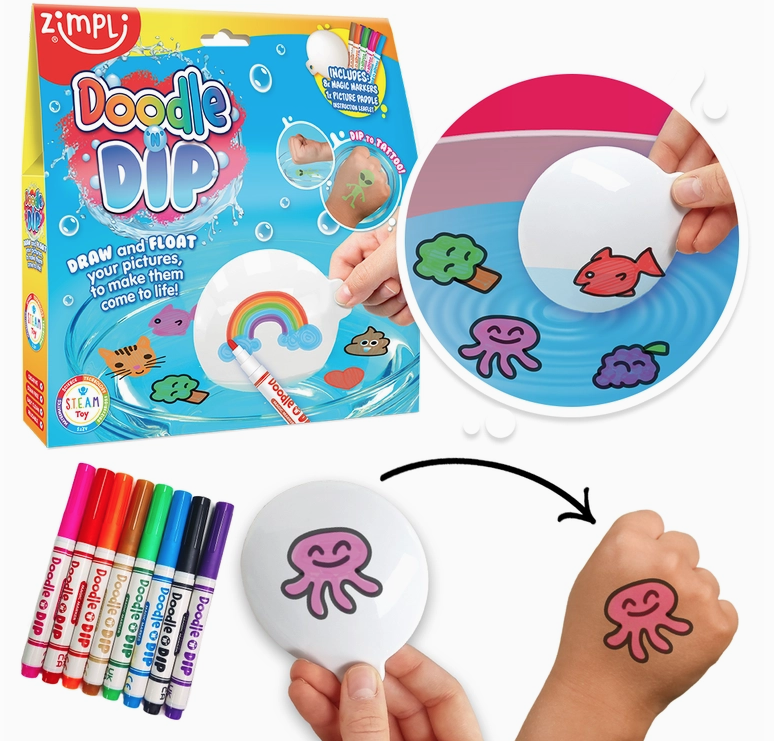 Doodle N Dip package with illustrations of drawings floating on water and the included markers in the kit. 