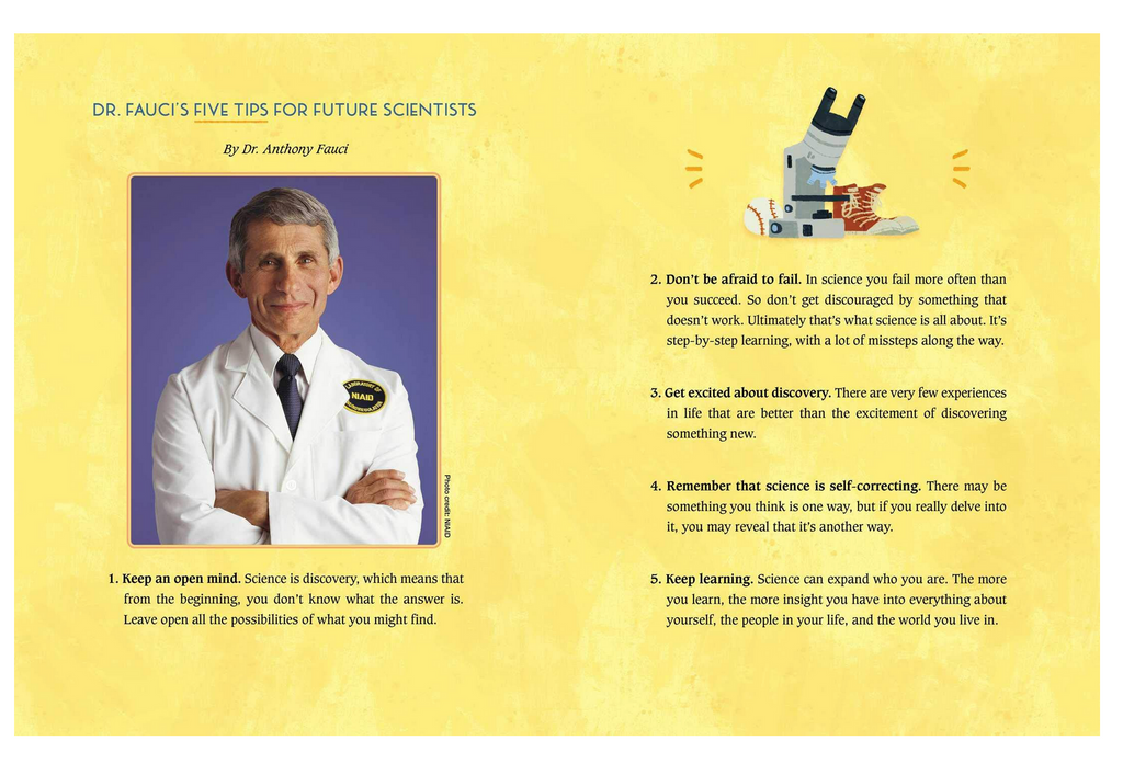 Interior page with a photo of Dr. Fauci and his five tips for future scientists.