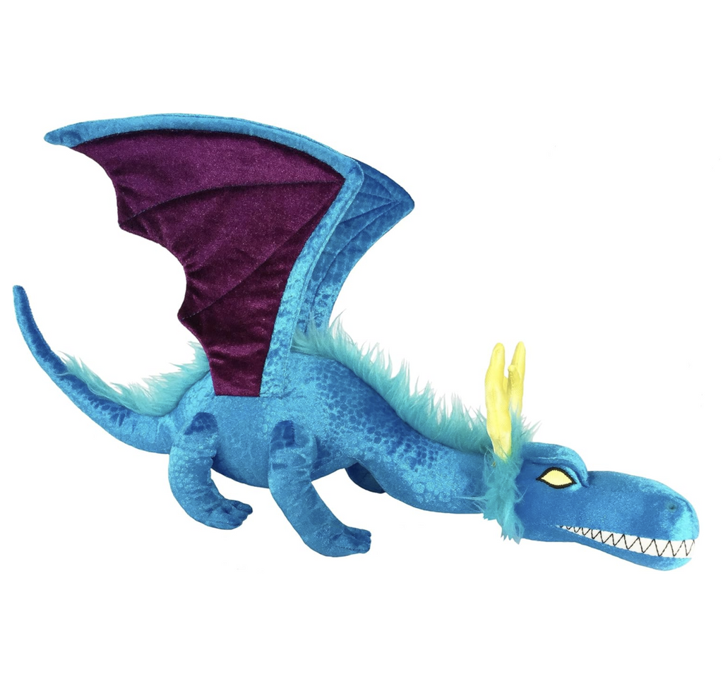 Side view of Spark the Dragon with blue scales, purple wings, yellow horns and eys, and green feathers down his back. 