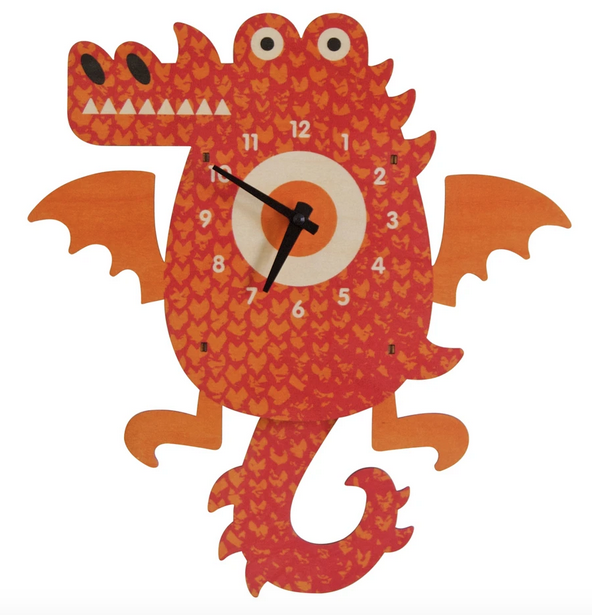 Red and orange 3D dragon wall clock with moving tail pendulum.