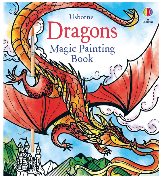 Cover of Dragons Magic Painting Book with a red dragon sweeping down over rooftops. 