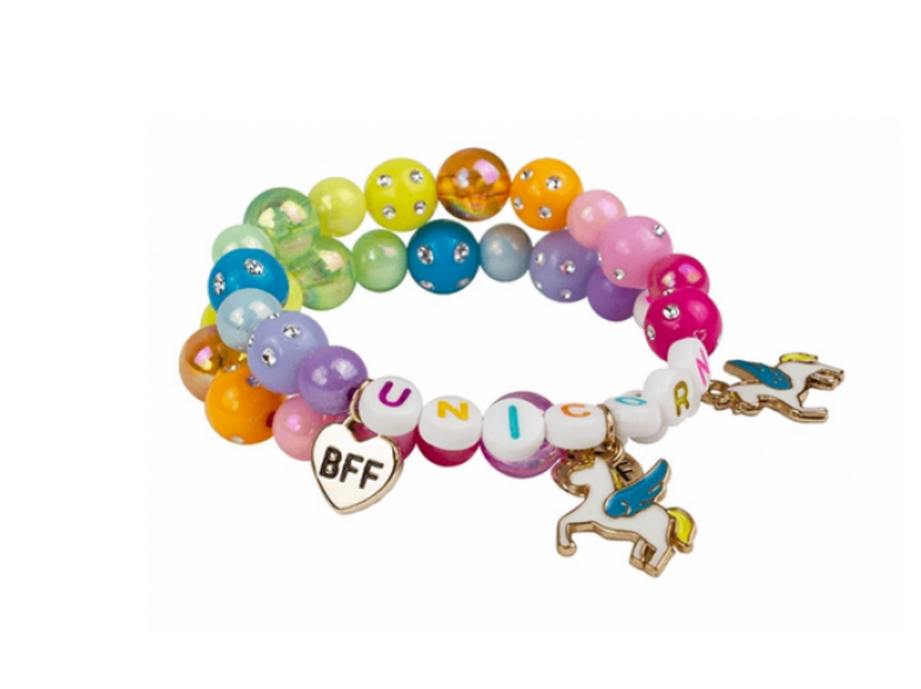 Set of 2 rainbow chunky bead bracelets with unicorn charms to share with a friend.