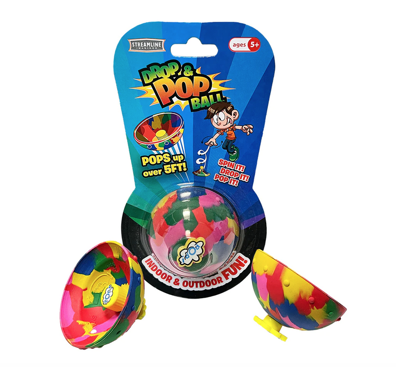 The Drop and Plop Ball package with clear plastic window on a hangcard, with two multicolored balls in front of the package. 