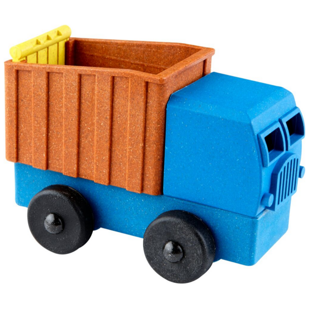 Blue stacking dump truck toy with black wheels, an orange dump bin, and yellow back gate. Made of eco friendly materials in the USA.