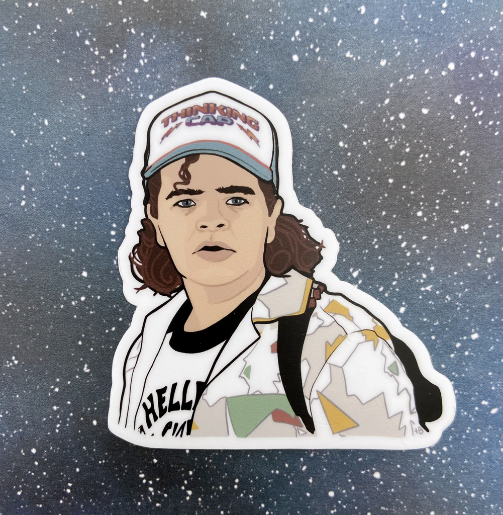 Diecut sticker featuring Dustin from Stranger Things.