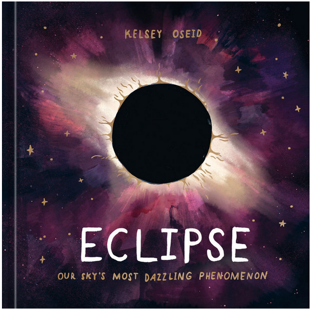 Illustrated cover of "Eclipse Our Sky's Most Dazzling Phenomenon" featuring an eclipsed sun surrounded by a dark purple sky with gold stars. 