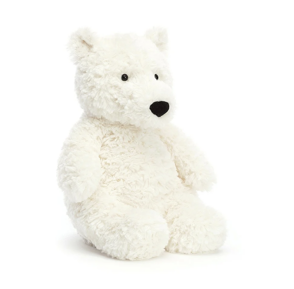 Fluffy cream seated Edmund plush bear by Jellycat.