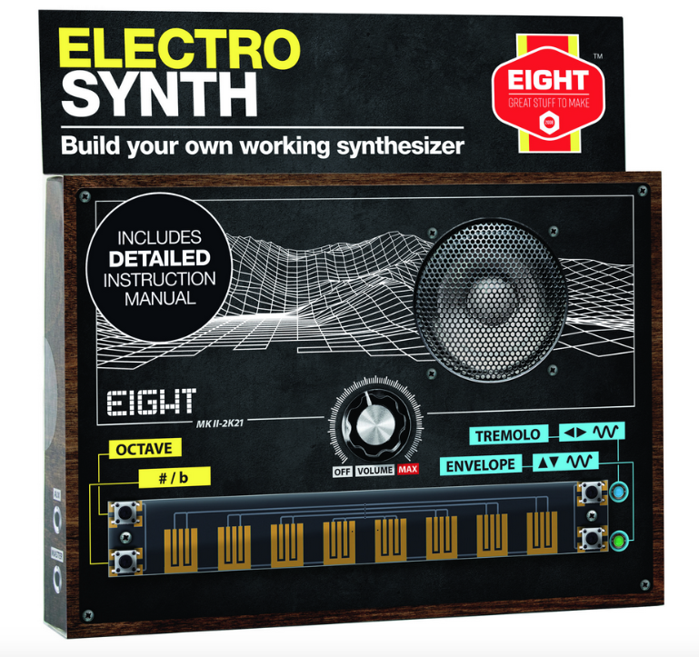 The Electro Synth Kit box. A detailed picture of the completed synthesizer is shown. 