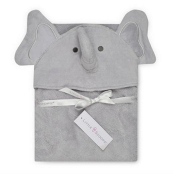 Grey terrycloth hooded kid's towel. Hood had elephant ears, trunk, and eyes.