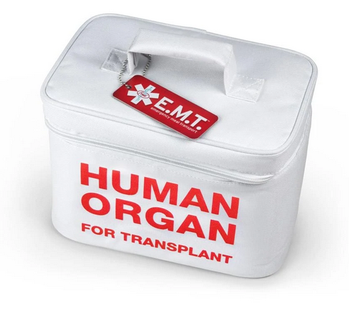 Funny white lunchbox with red letters that red human organ for transplant. 