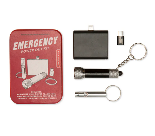 Tin of Emergency Power Kit and components.