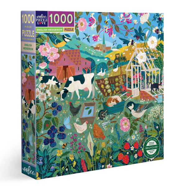 English Hedgerow Puzzle, its hedgerows are woven with lovely British fauna. From cows and chickens to beautiful flowers and trees in a lovely landscape. 