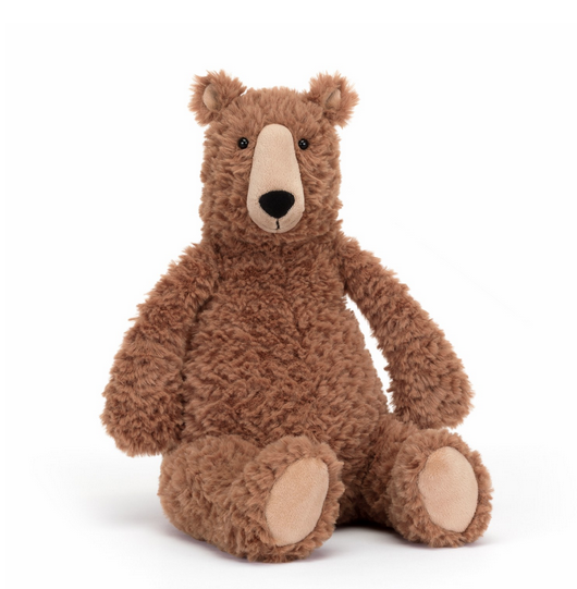 Tall shaggy brown Enzo bear plush by Jellycat.