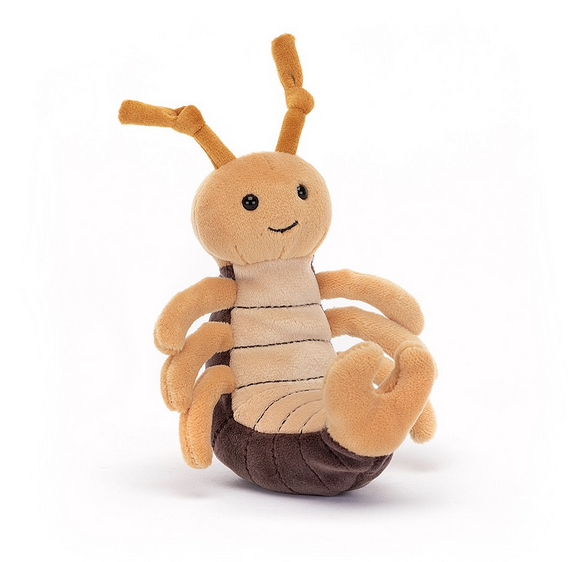 Tan and brown Ernie Earwig plush insect by jellycat.