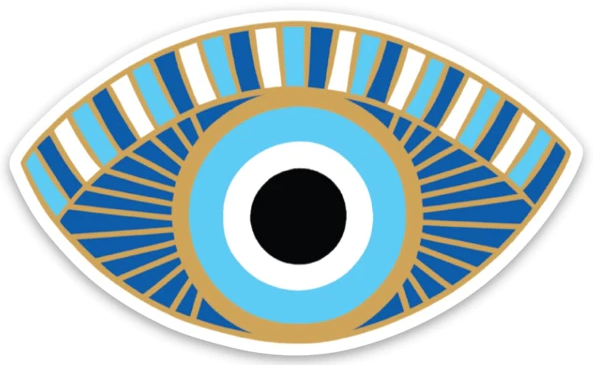 Evil eye die cut vinyl sticker. Colors are blue, turquoise, gold and white. 