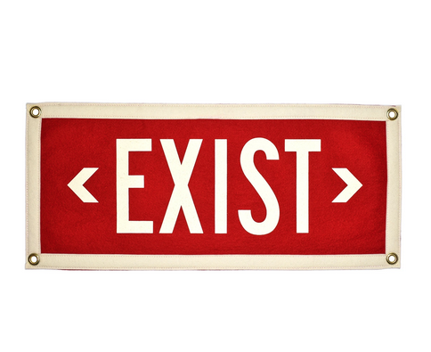 Red flag that reads "Exist" in white.