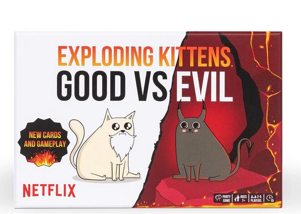 Exploding Kittens Good vs Evil box containing thr card game with illustrations of a good kitty and a bad kitty. 