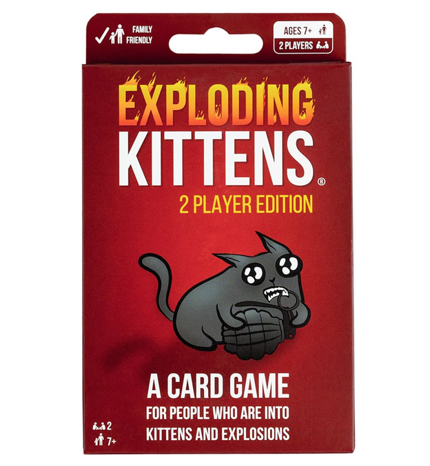 Red box with illustration of a grey kitten with wide eyes holding a grenade. With "Exploding Kittens 2 Player edition" in fiery letters. 