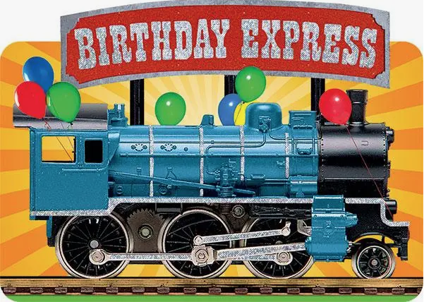 Birthday card with locomotive and Birthday Express banner.
