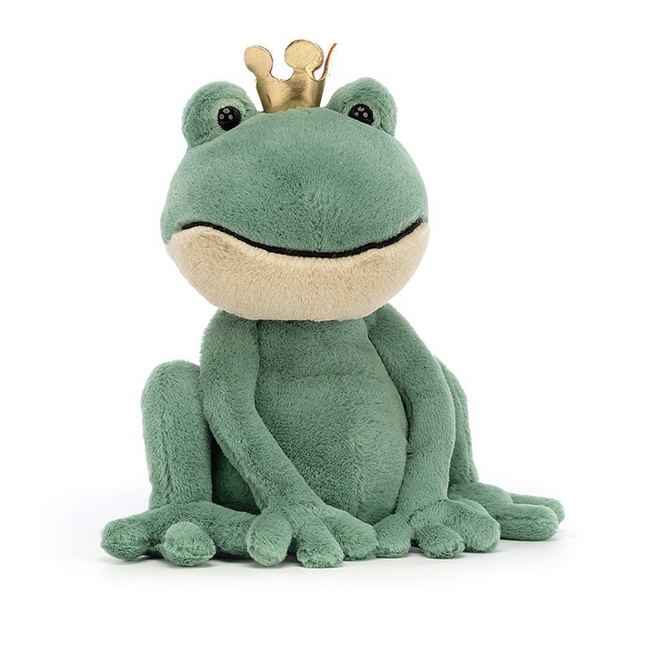 Forward facing Fabian the Frog Prince with his two-tone fur in green and beige, sitting up with his gold crown topping his head. 