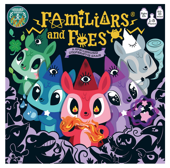 Cover art for Familiars and Foes board game box. Features illustrations of characters from the game. 
