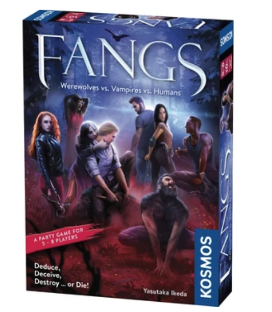Fangs party game- werewolves vs vampires vs humans. A party game for 5 to 8 players. Deduce, deceive, destroy or die. 