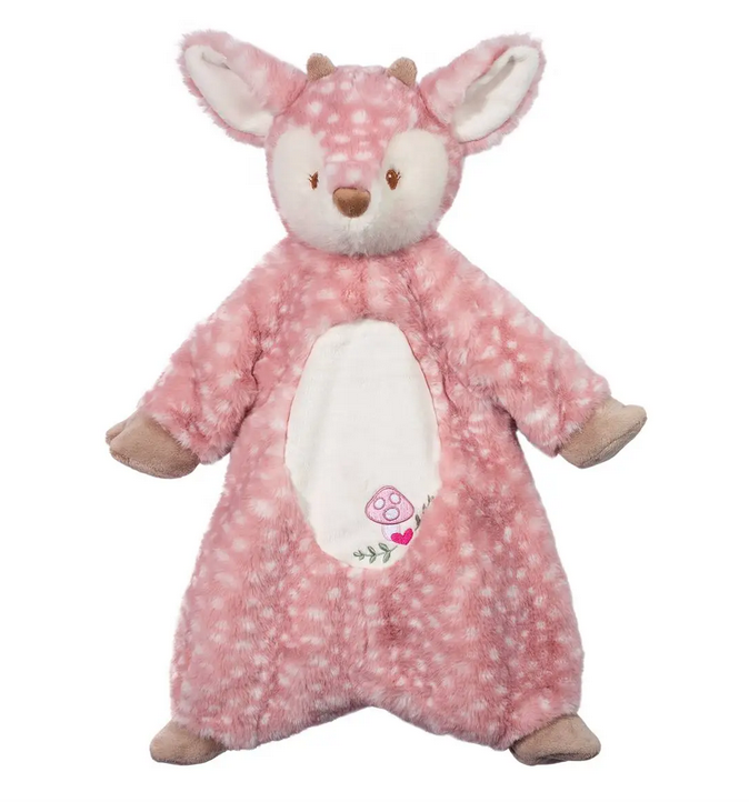 This forest friend features a fanciful pink coat of ultra cuddly plush fur. A pattern of white spots dapple Farrah’s body from nose to tail, while her gentle expression and tummy embellishment of a toadstool and heart have all been depicted in baby-safe embroidery. An understuffed design allows this baby deer to double as both snuggly blanket and stuffed animal companion.
