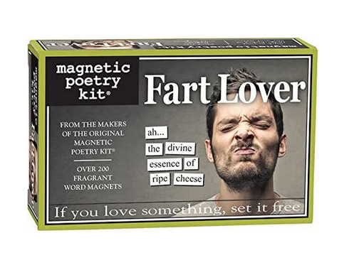 Fart Lover Magnetic Poetry box, with a picture of a guy who smelt ehat he dealt with his nose crinkled up. Word magnets describing what a fart might smell like are on the cover as well. 