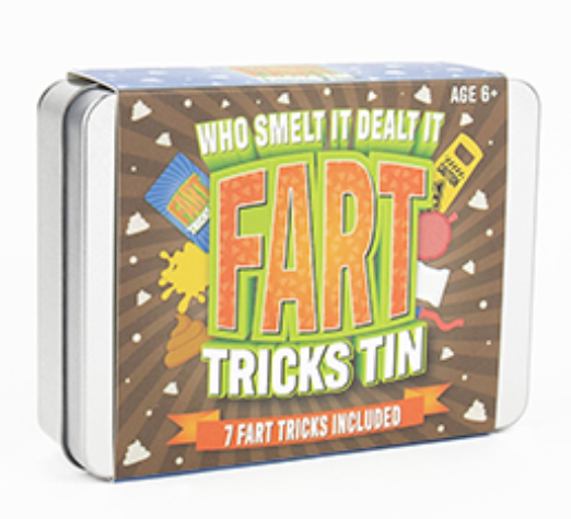 Fart trciks in a tin. 7 farts tricks included. Ages 7 and up.