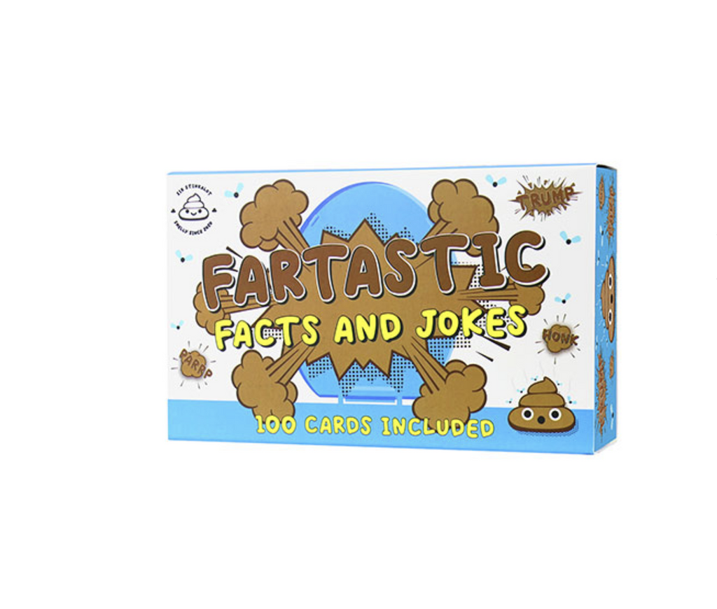 Box of Fartastic Facts and Jokes. 100 cards included. Cartoonish image of a cute poop and various farts.