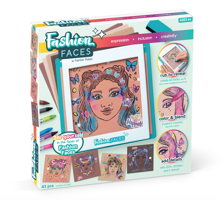 Fashion Faces box. Shows an example of a completed fashion face.  Also shows various stages of the process. 