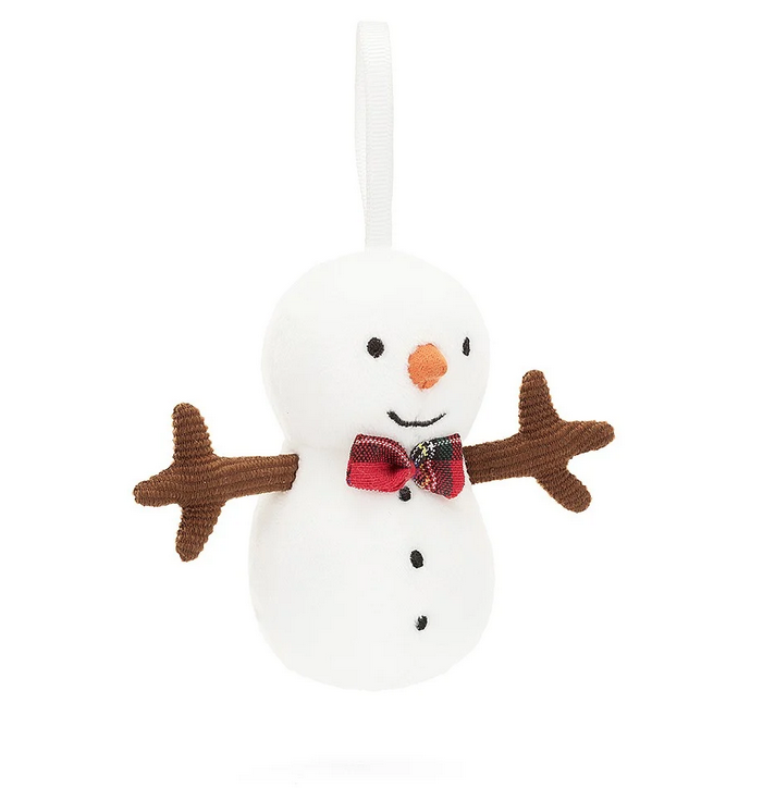 Festive Folly Snowman has cream fur and a tartan bow-tie, stitched coal buttons and suedette carrot nose. With a snowy ribbon for hanging on the tree and chocolate cord arms.