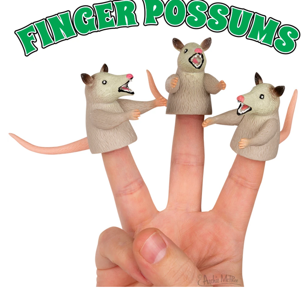 Three Possum finger puppets on three fingers.