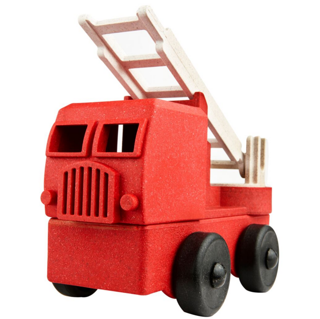 Red stacking fire truck. Red body with black wheels and white ladder. Made of eco friendly materials in the USA.