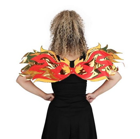 These translucent vinyl wings with fiery red and orange hues, with an intricate flame design. Pictured here being worn from the back. 