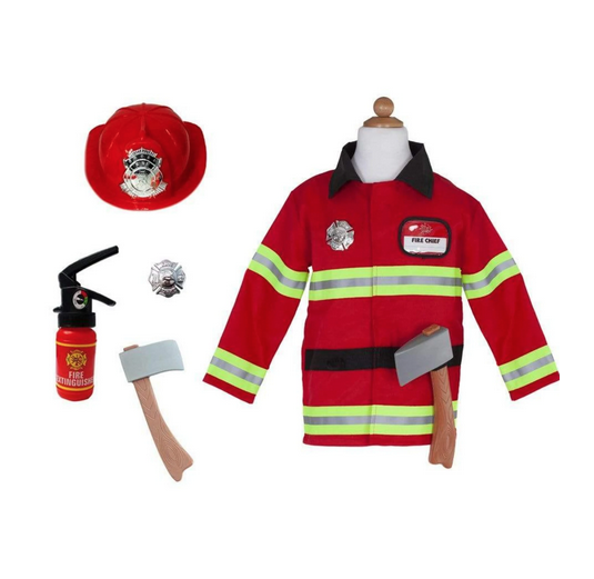Firefighter pretend play set includes a red firefighter's coat, axe, fire fighter hat, fire extinguisher, and badge.