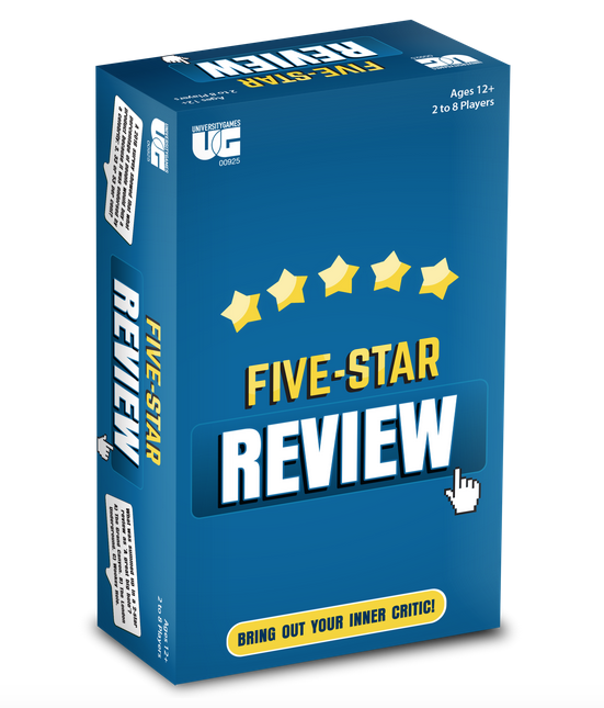 Five Star Review Game box. Bring out your inner critic. Ages 12 and up. 2 to 8 players.