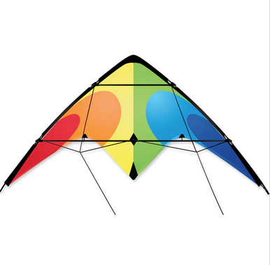 A simple controllable rainbow colored stunt kite for beginners, the Flash Sport Kite is durable and easy to fly in winds from 8 mph to 18 mph. Constructed with a durable rip-stop polyester sail and resilient fiberglass frame, this colorful sport kite looks spectacular as it races across the sky. Complete with flying line and flight handles.