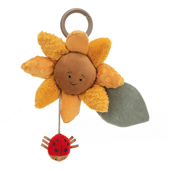 Smiling sunflower with red ladybug baby activity toy.