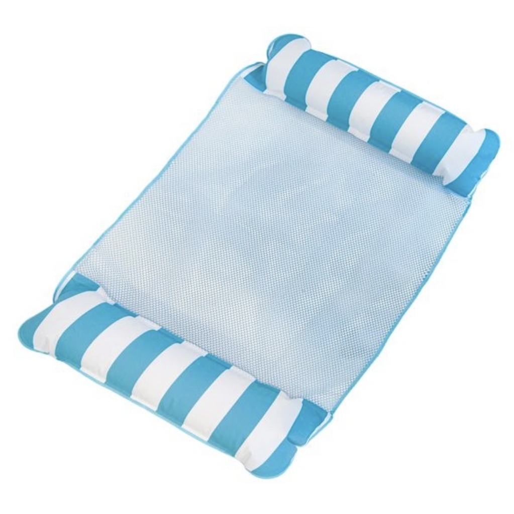 Blue and white striped floating pool hammock.