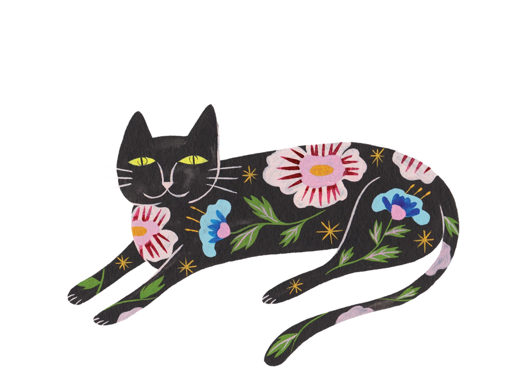 Temporary tattoo of a recling black cat covered in floral prints.