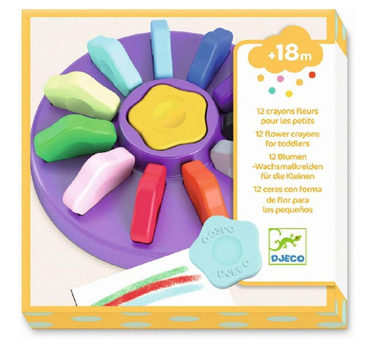 Set of 12 flowers crayons for toddlers in an easy to use case.