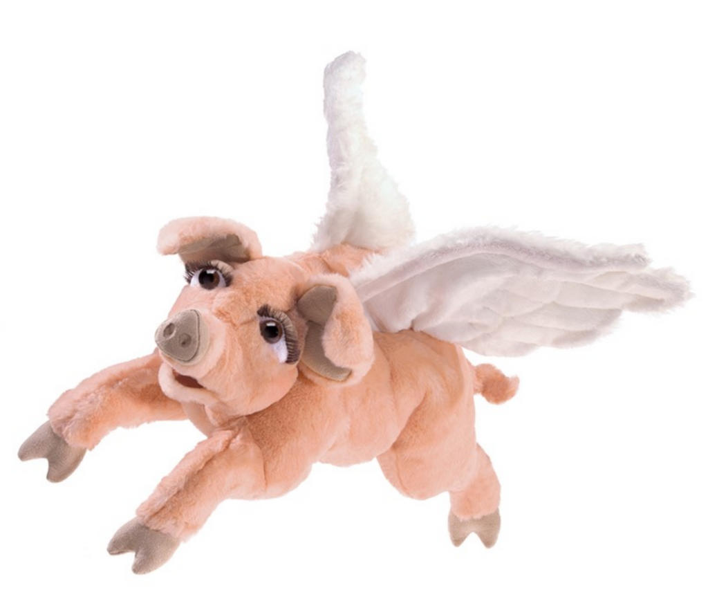 Pink plush flying pig puppet with white wings.