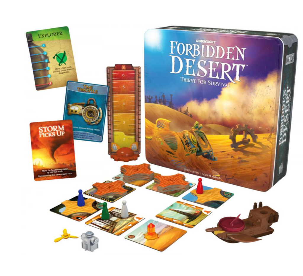 Box and game pieces of game Forbidden Desert.