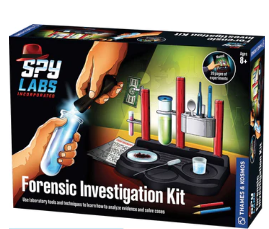 Perform experiments on evidence in this large laboratory station using chemical and physical techniques. Analyze solids and liquids, make a fluorescent solution, inspect invisible ink, lift fingerprints, look for counterfeit bills, and examine ink using chromatography.