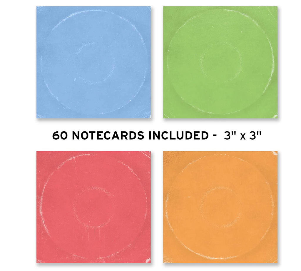 Examples of note cards that are similar to wron vinyl record sleeves in 4 colors. 60 note cards included. Each measure 3 by 3 inches.
