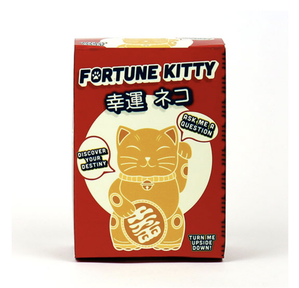 Fortune Kitty box. Text reads "turn me upside down. Discover your destiny. Ask me a question."